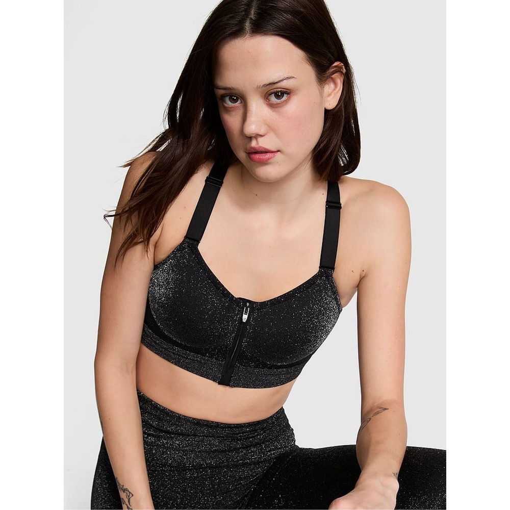 NWT Victoria's Secret PINK Black Shine Front Close High Support Sports Bra Small